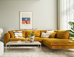 Mustard Corner Sofa Designed By Adventures In Furniture. Our Bespoke 5 Seater Corner Sofa Has Endless Fabric Choices To Fit Every Space In Your Home. Goes Great With A White Rug And White Pillows